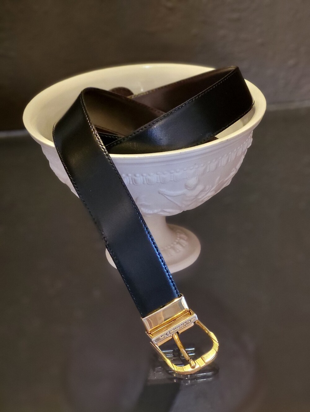 Christian Dior 80s Reversible Black/Brown Leather Dress Belt Made In Italy Sz 38